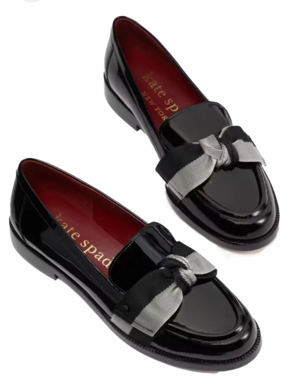 kate spade Leandra Black Patent Leather Loafers w/ Gray & Black Bow RETAIL $198